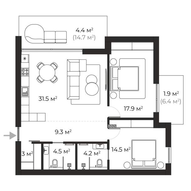 Buy 2-room apartment SWC 3.09 in SHERWOOD, Uzhhorod planning